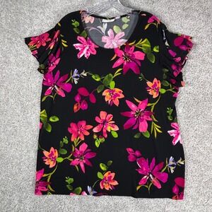 Susan Graver Black Floral Print Short Sleeve Top Womens XL Made in USA